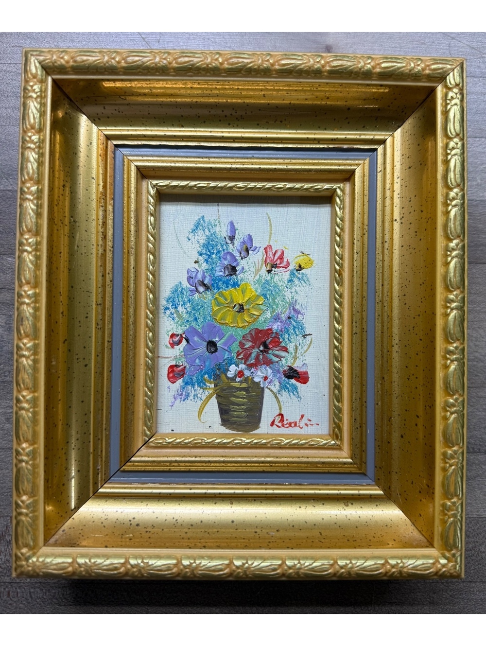 Signed Floral Still Life Painting  Ornate Frame 8” x 6.5” Folk Art (Cp27/fr1)